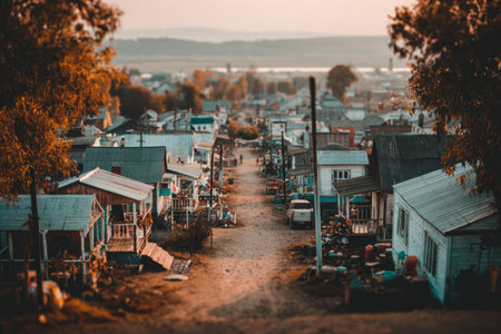 Soft blurred view of Ukrainian village with traditional huts and folk warmspirit.の素材