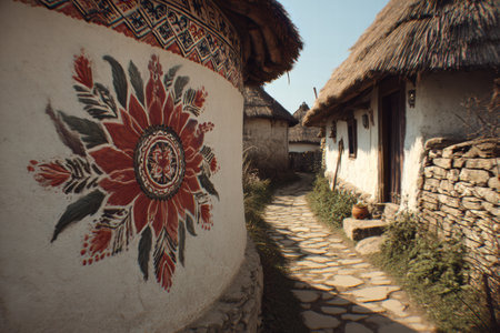 Soft blurred view of Ukrainian village with traditional huts and folk warmspirit.の素材