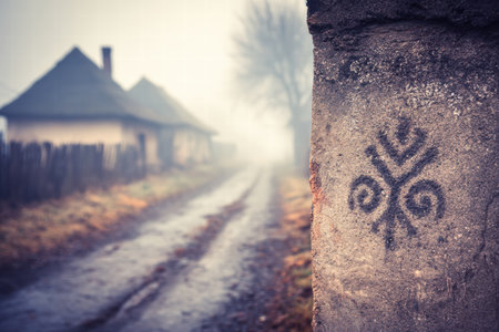 Soft blurred view of Ukrainian village with traditional huts and folk warmspirit..の素材