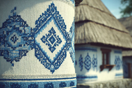 Soft blurred view of Ukrainian village with traditional huts and folk warmspirit.の素材