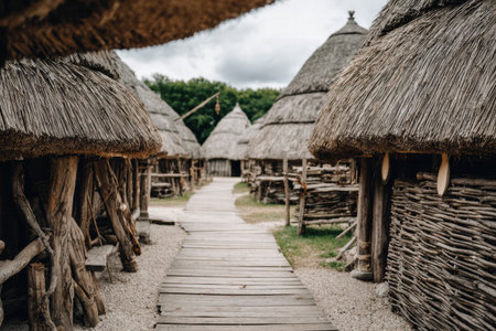 Soft blurred view of Ukrainian village with traditional huts and folk warmspirit.の素材
