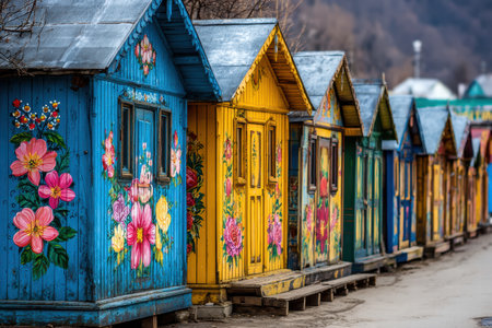 Soft blurred view of Ukrainian village with traditional huts and folk warmspirit.の素材