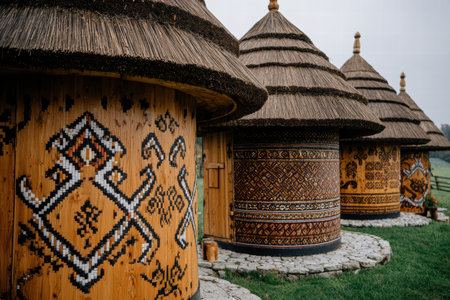 Soft blurred view of Ukrainian village with traditional huts and folk warmspirit.の素材