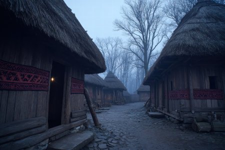 Soft blurred view of Ukrainian village with traditional huts and folk warmspirit..の素材
