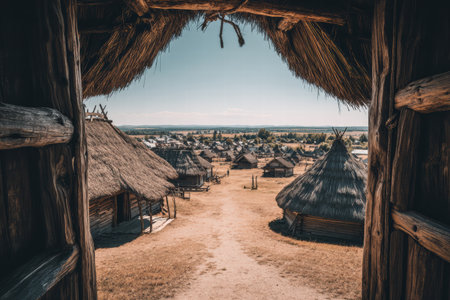 Soft blurred view of Ukrainian village with traditional huts and folk warmspirit.の素材
