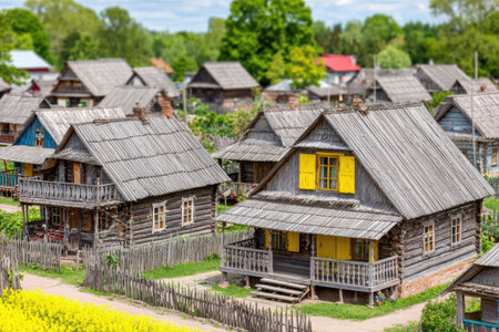 Soft blurred view of Ukrainian village with traditional huts and folk warmspirit.の素材