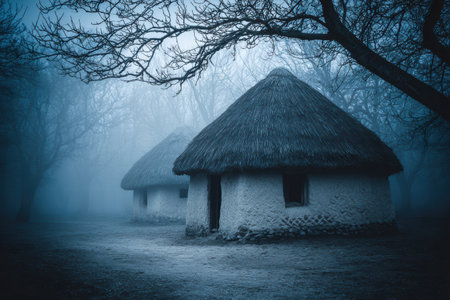 Soft blurred view of Ukrainian village with traditional huts and folk warmspirit.の素材