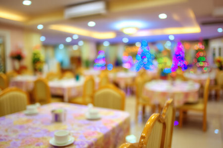 Soft blurred hotel lobby glowing with warm Christmas lights and festive accents.の素材