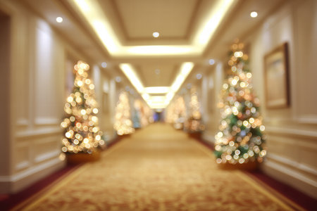 Blurred hotel lounge with warm glowing Christmas elements creating festive feel.の素材