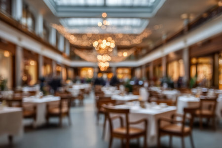 Blurred glowing hotel hall filled with warm Christmas decor and soft lighting.の素材