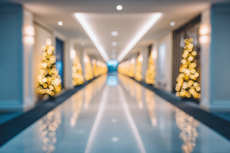 Blurred hotel interior creating soft festive atmosphere with gentle Christmas mood.の素材
