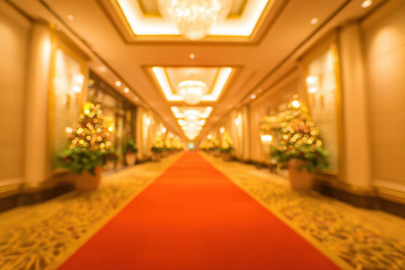 Warm festive hotel interior in soft blur with sparkling Christmas decorations.の素材