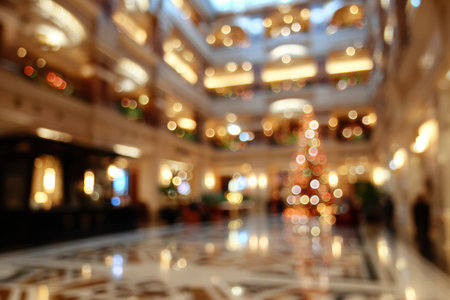 Soft blurred hotel lobby with gentle Christmas accents and warm seasonal mood.の素材