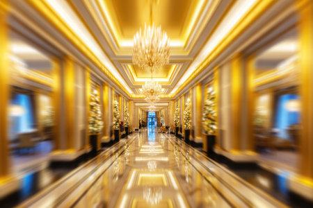 Soft blurred hotel lobby glowing with warm Christmas lights and festive accents.の素材