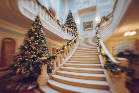 Soft blurred hotel lobby with gentle Christmas accents and warm seasonal mood.の素材