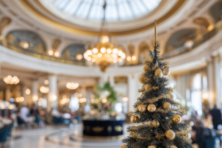 Blurred hotel lounge with warm glowing Christmas elements creating a festive feel.の素材