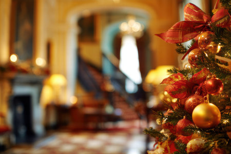 Warm festive hotel interior in soft blur with sparkling Christmas decorations.の素材