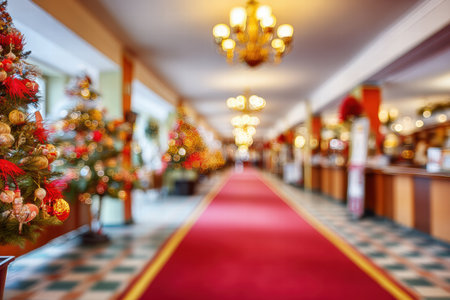 Soft blurred hotel lobby glowing with warm Christmas lights and festive accents.の素材