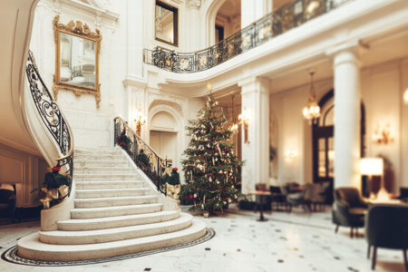 Warm festive hotel interior in soft blur with sparkling Christmas decorations.の素材