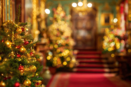 Warm festive hotel interior in soft blur with sparkling Christmas decorations.の素材