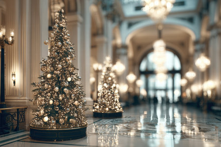 Blurred glowing hotel hall filled with warm Christmas decor and soft lighting.の素材