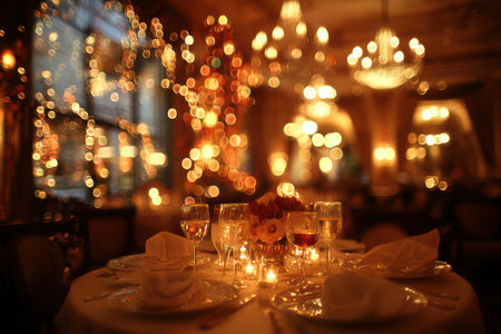Blurred hotel lounge with warm glowing Christmas elements creating a festive feel.の素材