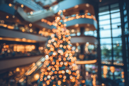Blurred hotel interior creating a soft festive atmosphere with gentle Christmas mood.の素材