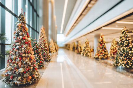 Warm festive hotel interior in soft blur with sparkling Christmas decorations.の素材