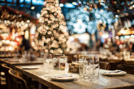 Soft blurred hotel lobby with gentle Christmas accents and warm seasonal mood.の素材