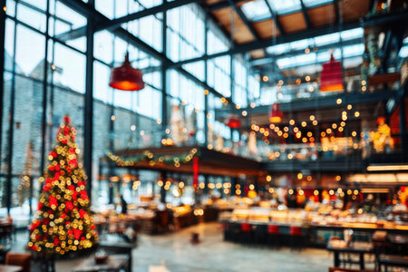 Soft blurred hotel lobby glowing with warm Christmas lights and festive accents.の素材