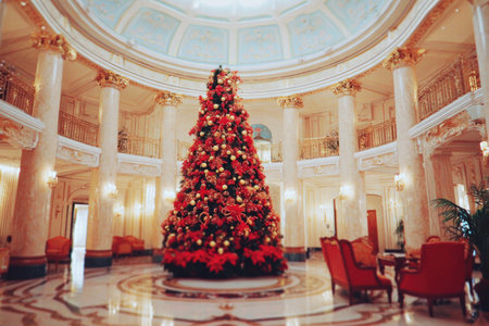 Blurred hotel interior creating soft festive mood with warm Christmas decorの素材