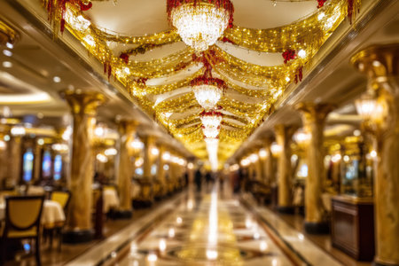 Blurred hotel lounge with warm glowing Christmas elements creating a festive feel.の素材