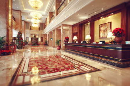 Blurred glowing hotel hall filled with warm Christmas decor and soft lighting.の素材
