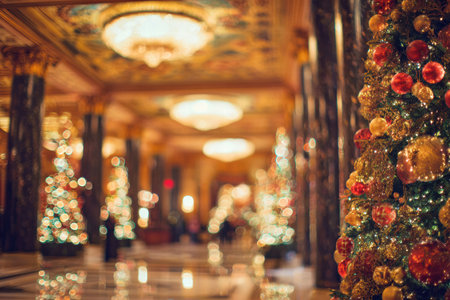 Blurred glowing hotel hall filled with warm Christmas decor and soft lighting.の素材