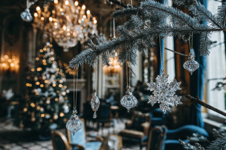 Soft blurred hotel lobby with gentle Christmas accents and warm seasonal mood.の素材