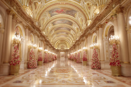 Blurred hotel interior creating soft festive mood with warm Christmas decorの素材