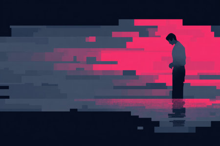 Broken emotional glitch aesthetic revealing disrupted thoughts and inner noise.の素材