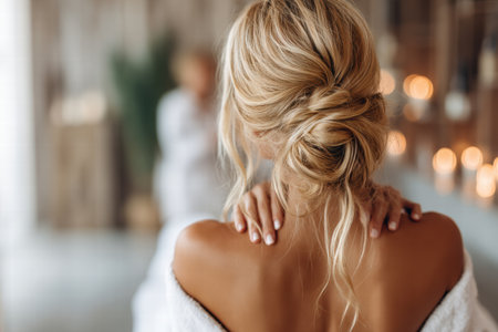 Gentle professional hands provide calming face and neck care in a relaxing beauty room.の素材