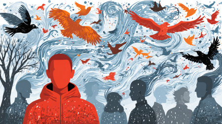 Conceptual frozen anxiety visual emphasizing numbness stillness and emotional detachment.の素材