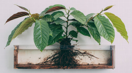 Cacao tree roots and soil layers illustrated in educational botanical cross section..の素材