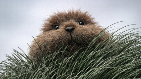 Cute groundhog peeking from burrow on Groundhog Day, festive winter scenery outsideの素材