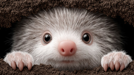 Mole moving through soil slice showing tunnels, roots, and underground network..の素材