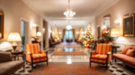 Elegant hotel interior glowing with Christmas accents and dreamy festive ambience.の素材