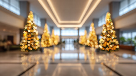 Luxurious hotel ambience featuring glowing Christmas decor and soft blurred lighting..の素材
