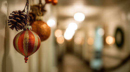 Cozy festive hotel space illuminated with Christmas lights creating soft blurred glow.の素材