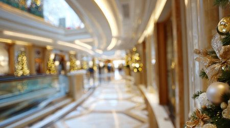 Warm seasonal hotel setting with glowing Christmas decor softened by bokeh lights..の素材