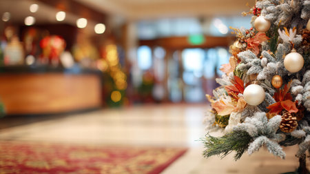 Soft glowing hotel decor highlighted by Christmas accents and warm dreamy bokeh light..の素材