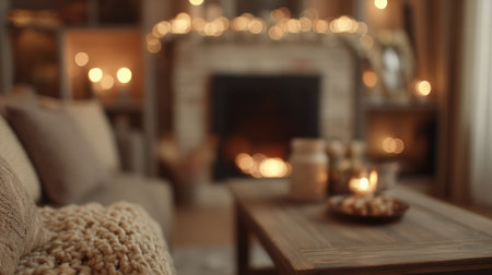 warm cozy living room glowing with soft festive lights creating gentle holiday mood.の素材