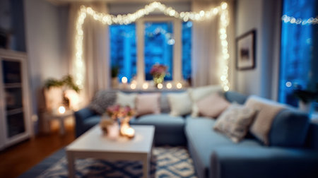 soft holiday glow fills a peaceful living room creating a dreamy festive atmosphere.の素材