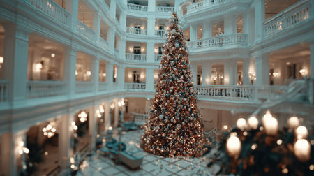 Cozy festive hotel space illuminated with Christmas lights creating soft blurred glow.の素材
